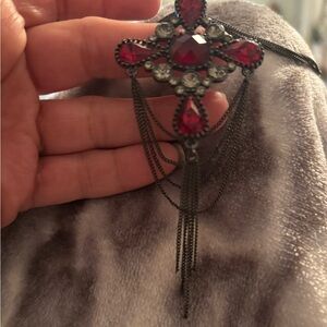 GUESS Gothic Cross Statement Necklace Red Crystal Rhinestone Gunmetal Pendant 🔥